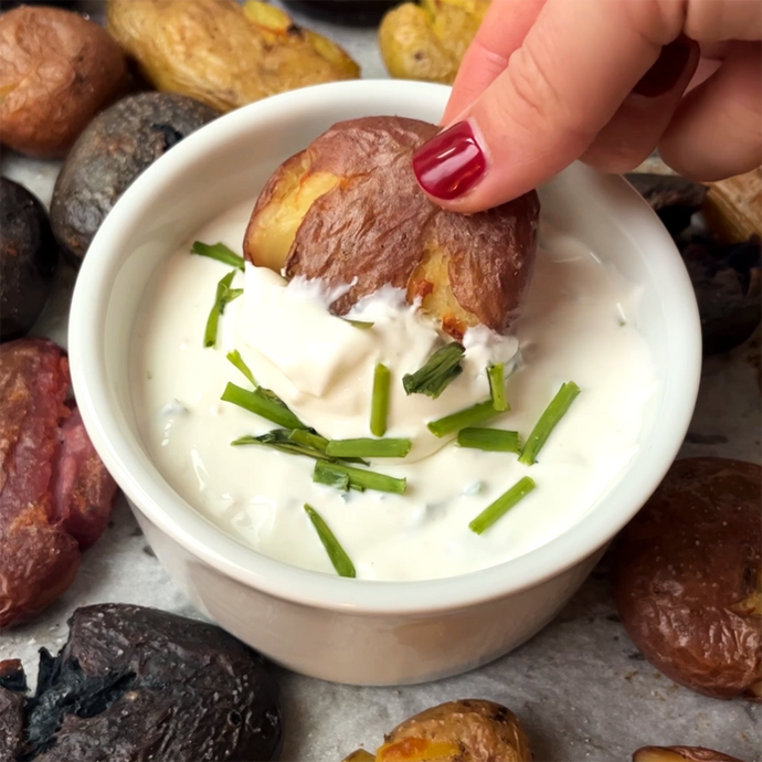 Crispy Smashed Potatoes With Sour Cream & Chive Dip