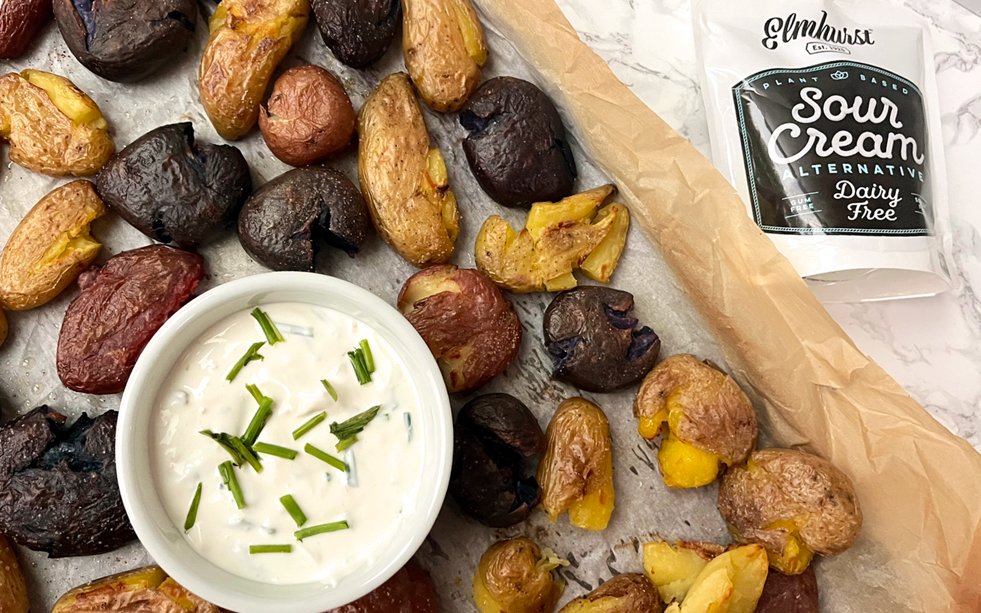 Crispy Smashed Potatoes With Sour Cream & Chive Dip