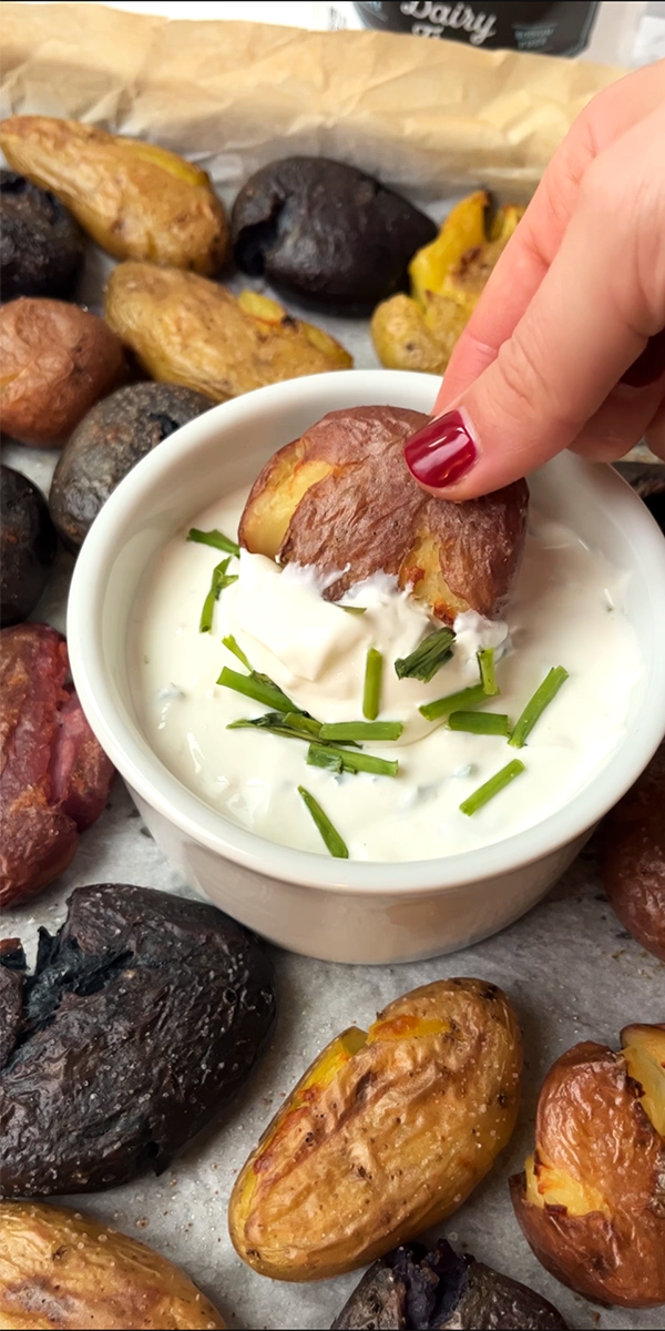 Crispy Smashed Potatoes With Sour Cream & Chive Dip