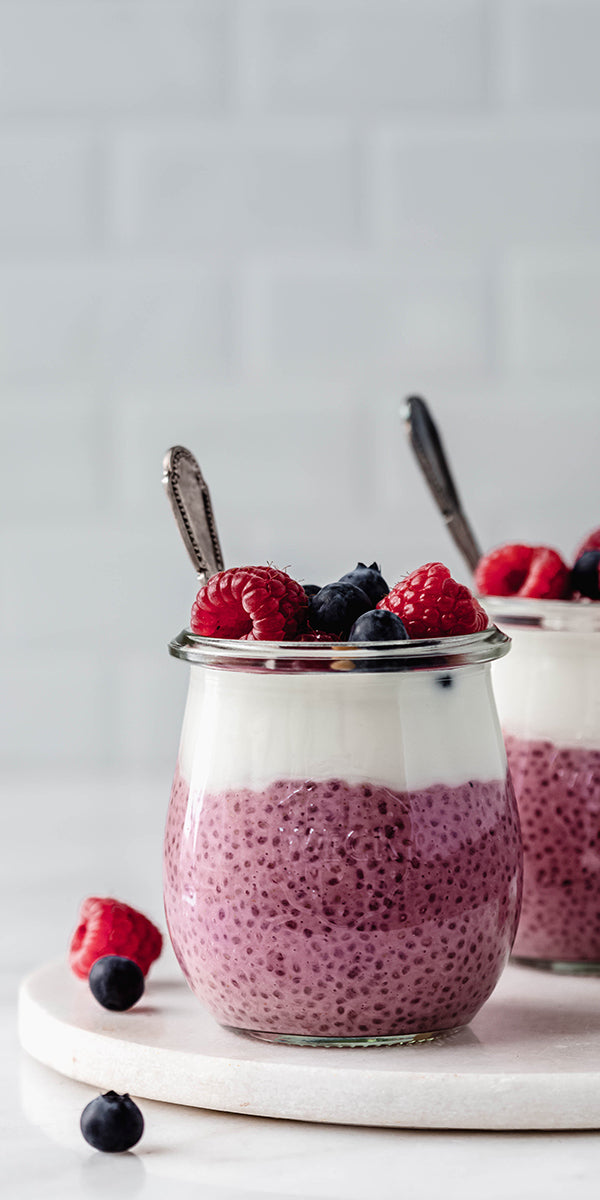 Raspberry Chia Pudding made with unsweetened hazelnut milk
