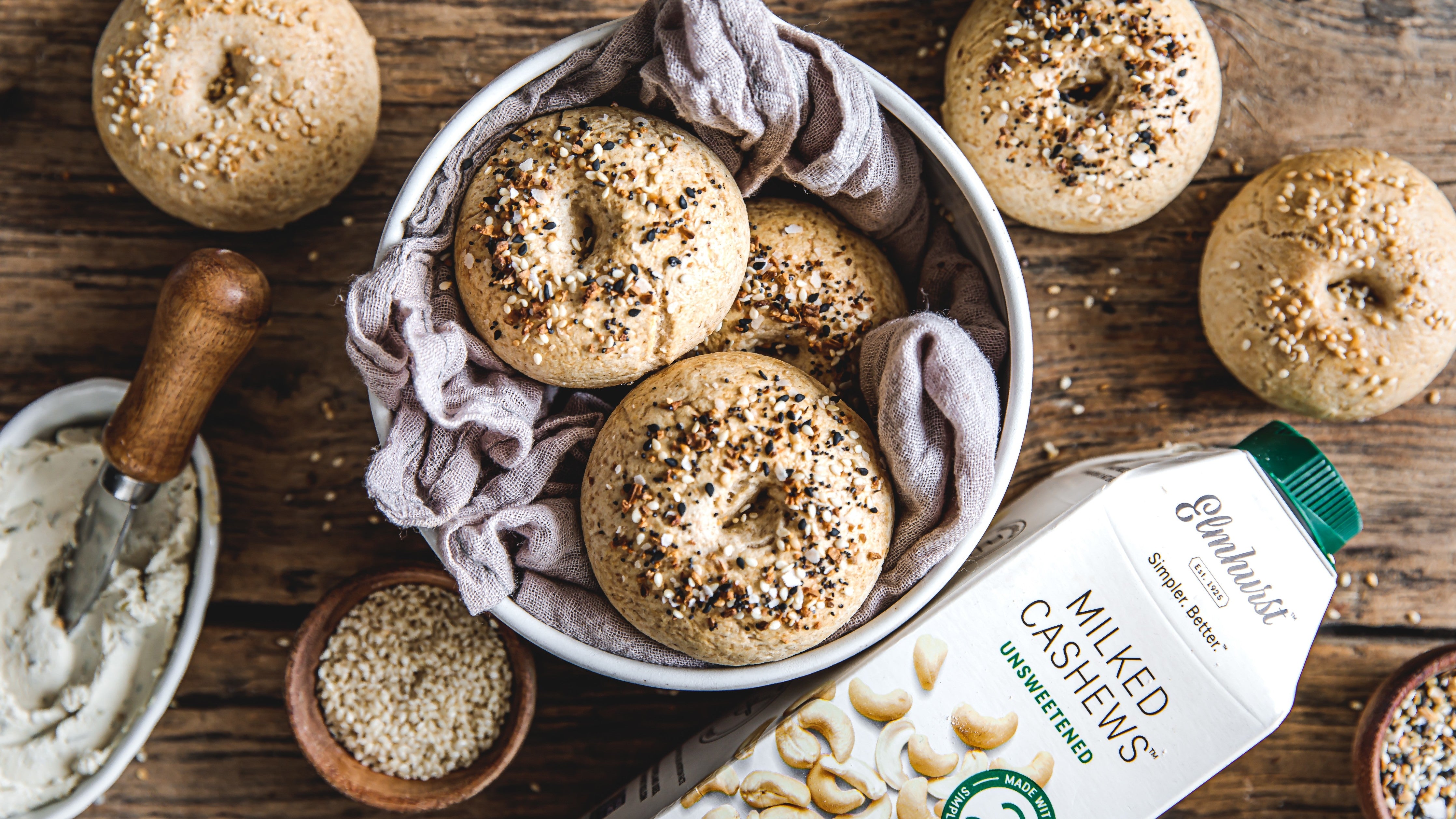 vegan and gluten-free everything bagels made with Elmhurst Cashew Milk