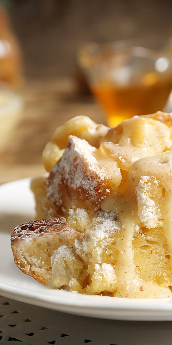 A warm and fresh OatNog French Toast Bake on a plate