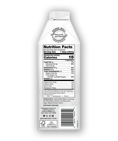Nutrition facts label on the side of a carton of Elmhurst Caramel Brûlée Cashew Creamer