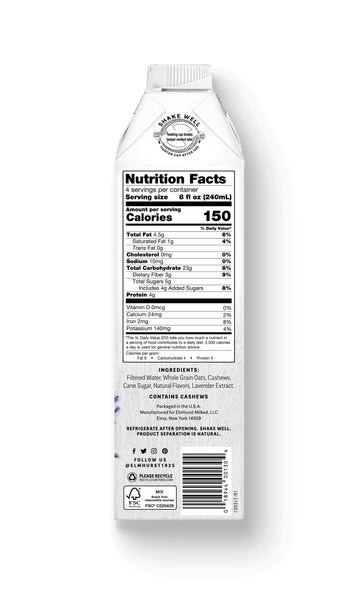The side of a carton of Elmhurst Vanilla Lavender Oat & Cashew Milk Botanical Blend with nutrition info, serving size, and ingredients info