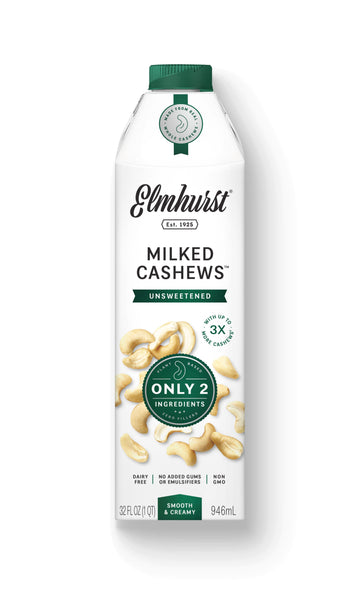 The front of a carton of 32oz Elmhurst Unsweetened Cashew Milk