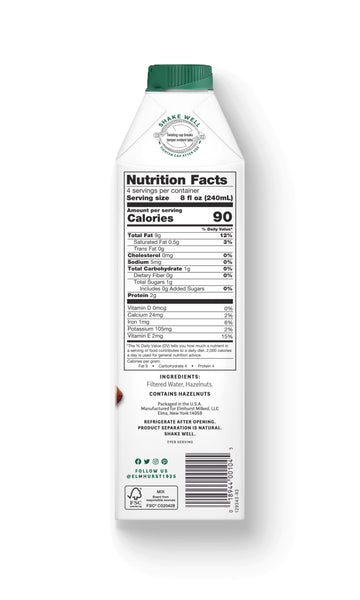The side of a carton of Elmhurst Unsweetened Hazelnut Milk with nutrition, serving size, and ingredients info