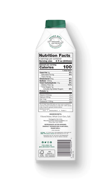 The side of a carton of 32oz Elmhurst Unsweetened Oat Milk with nutrition, serving size, and ingredients info