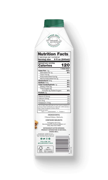 The side of a carton of 32oz Elmhurst Unsweetened Walnut Milk with nutrition, serving size, and ingredients info