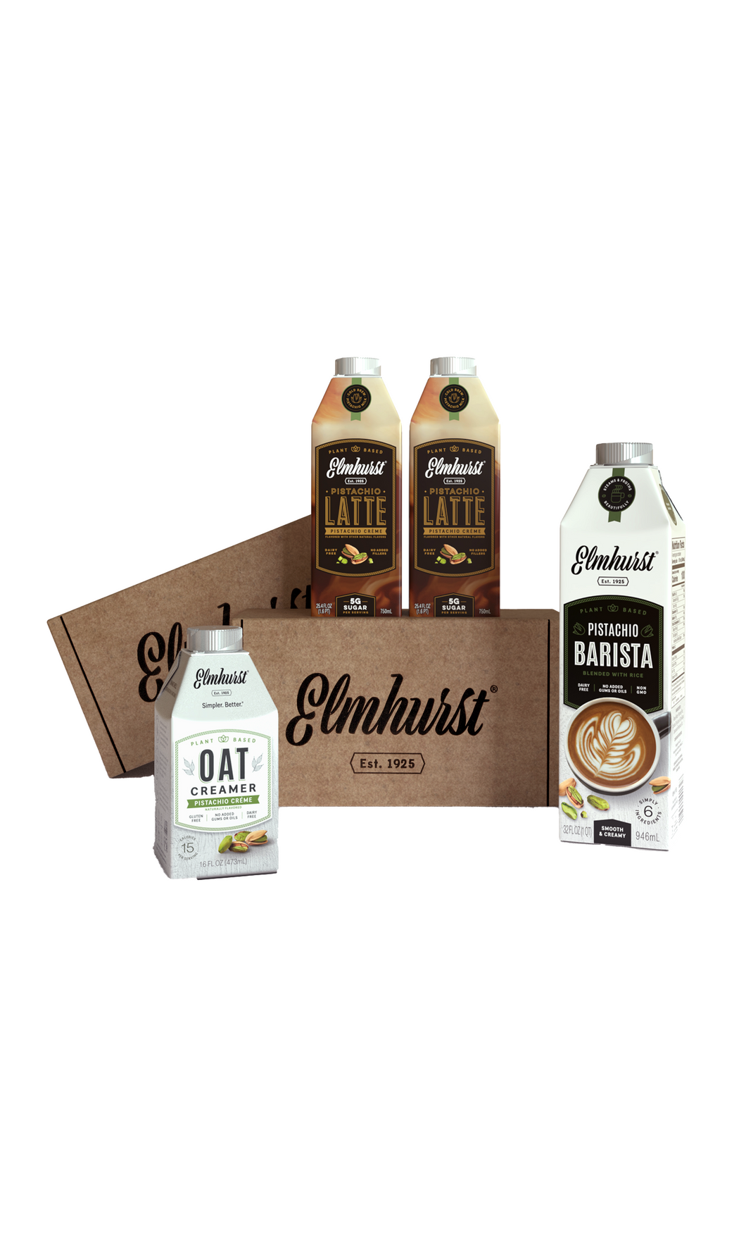 Elmhurst-branded shipping boxes with the Pistachio Variety pack of 1x Pistachio Barista Edition,
1x Pistachio Crème Oat Creamer, and 
2x Pistachio Crème Latte