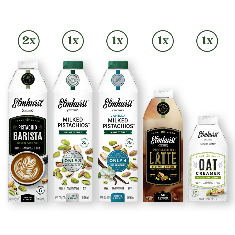 2x Pistachio Barista Edition, 1x Unsweetened Milked Pistachios , 1x Unsweetened Vanilla Milked Pistachios, 1x Pistachio Latte, 1x Pistachio Créme Oat Creamer