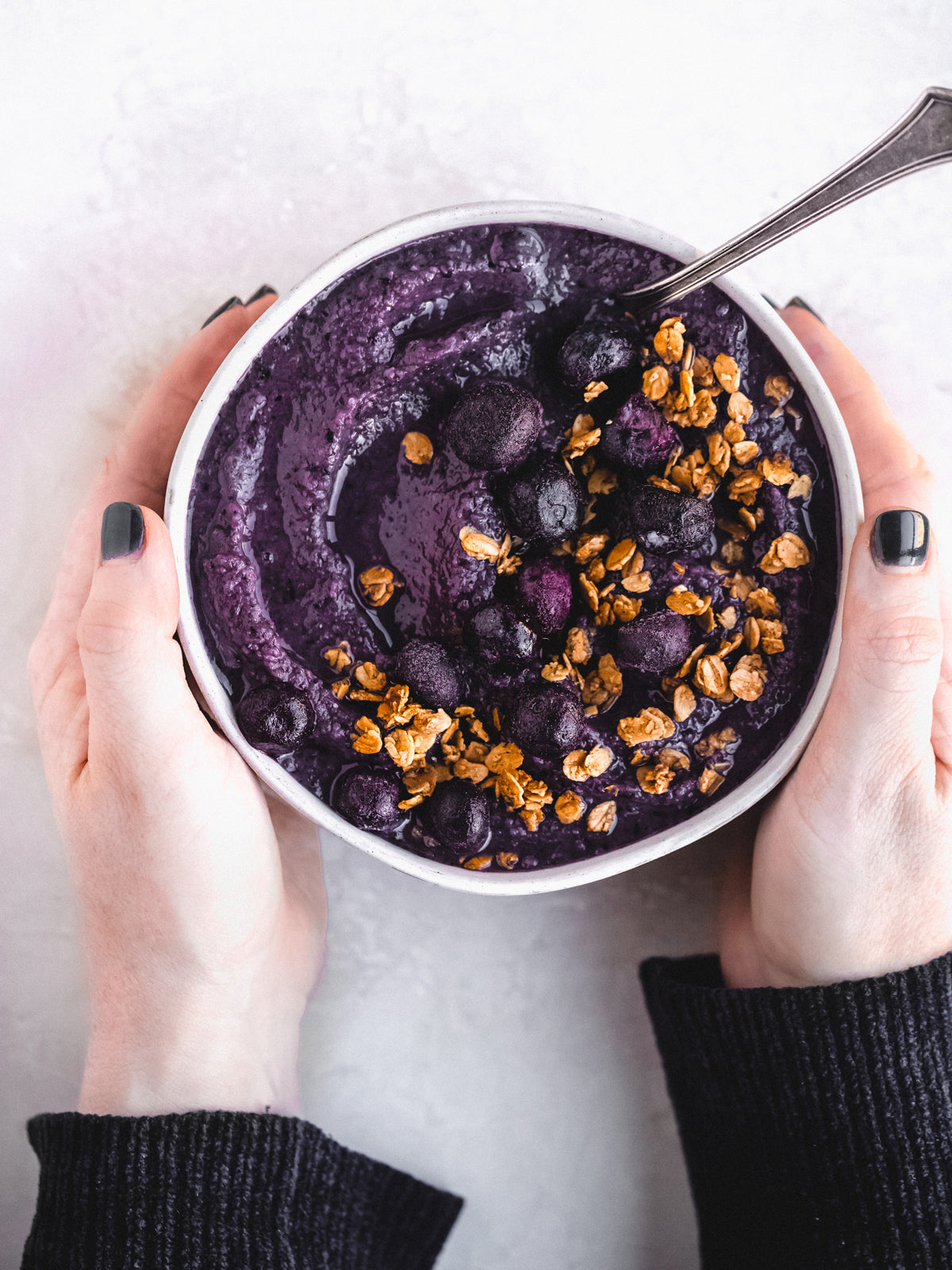 blueberry smoothie bowl made with oat milk