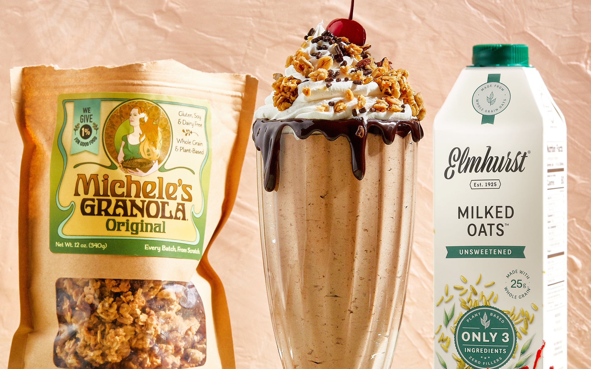 Carton of Elmhurst oat milk used to make a chocolate oat milkshake with granola