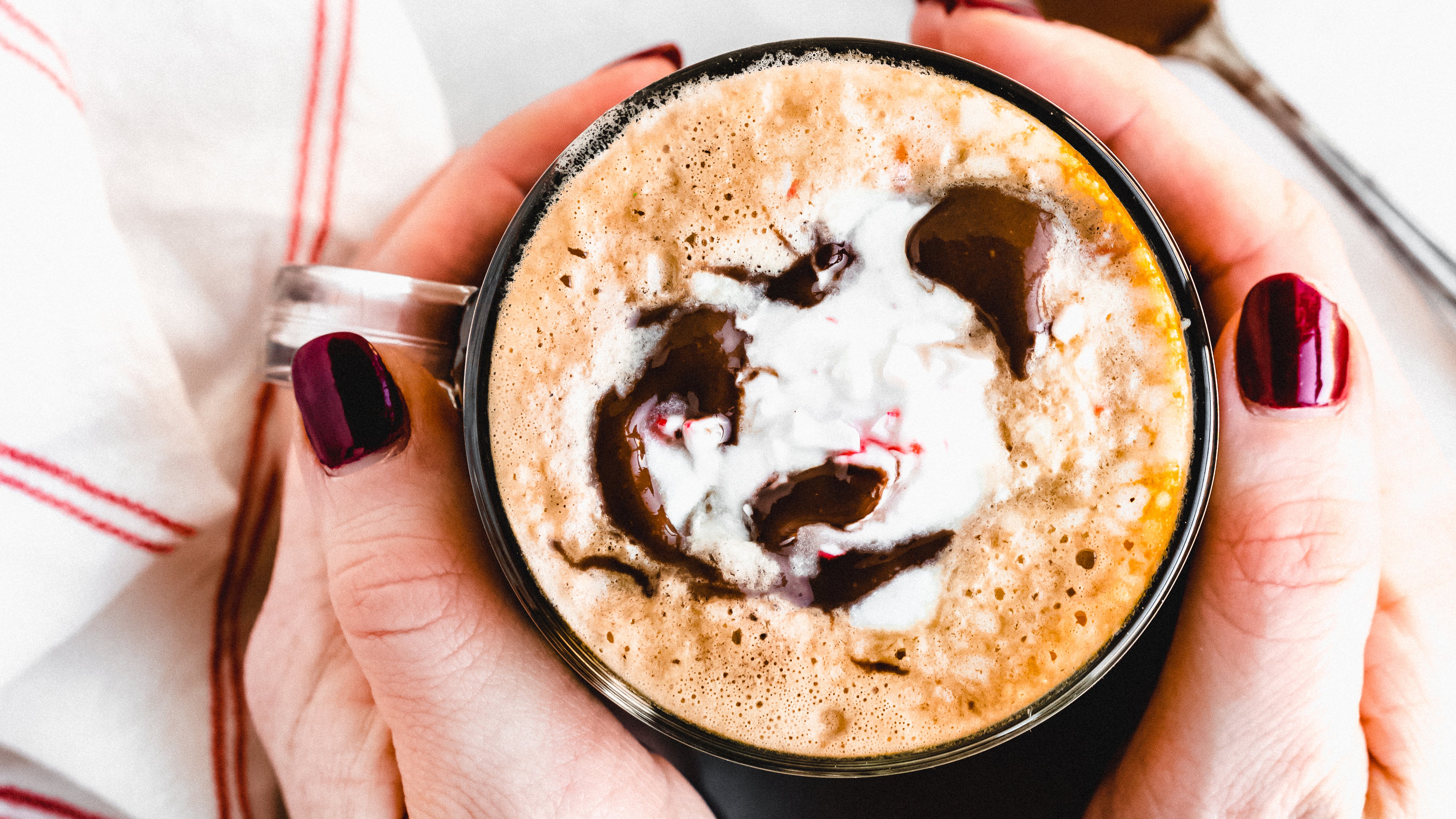 peppermint mocha drink made with Elmhurst Barista Edition Plant Milk