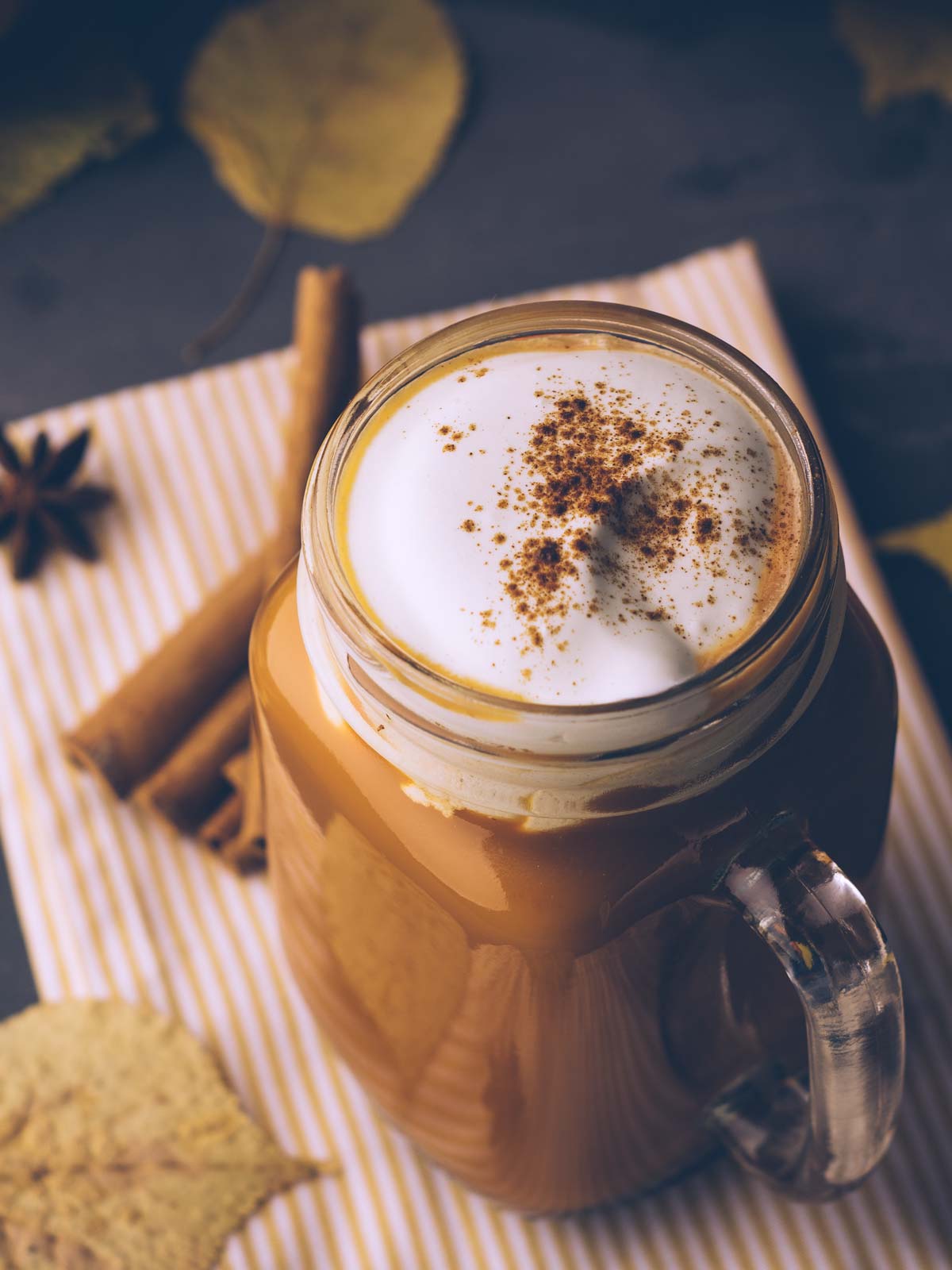 dairy-free pumpkin spice latte in a mason jar cup