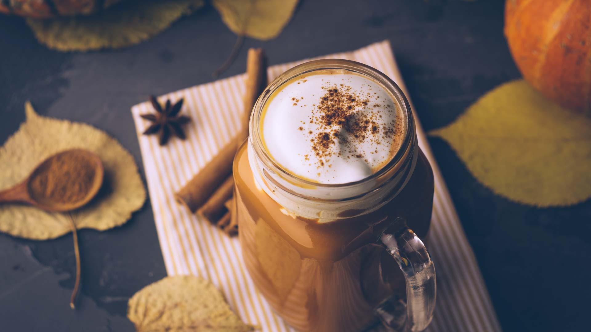 dairy-free pumpkin spice latte in a mason jar cup
