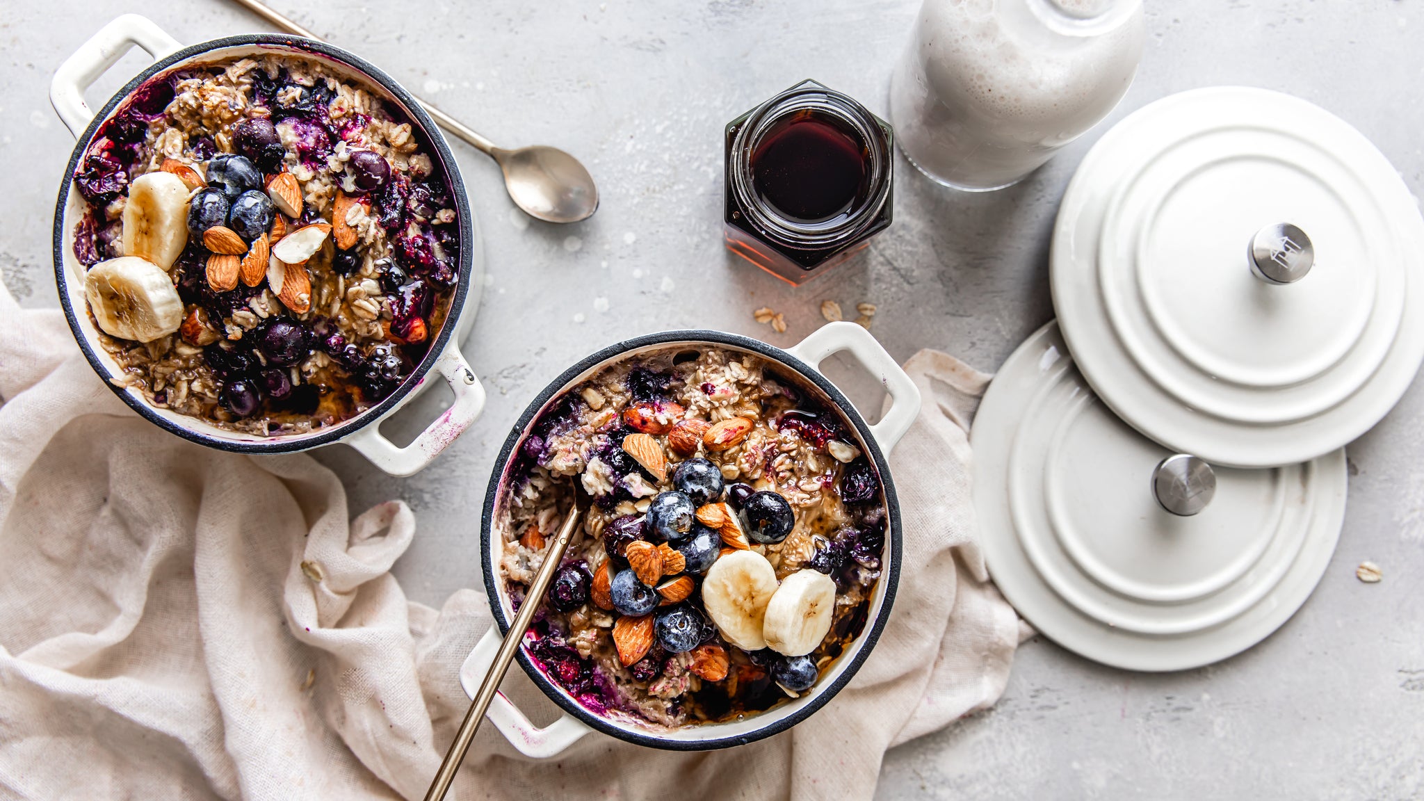 vegan baked blueberry oatmeal made with elmhurst unsweetened almond milk