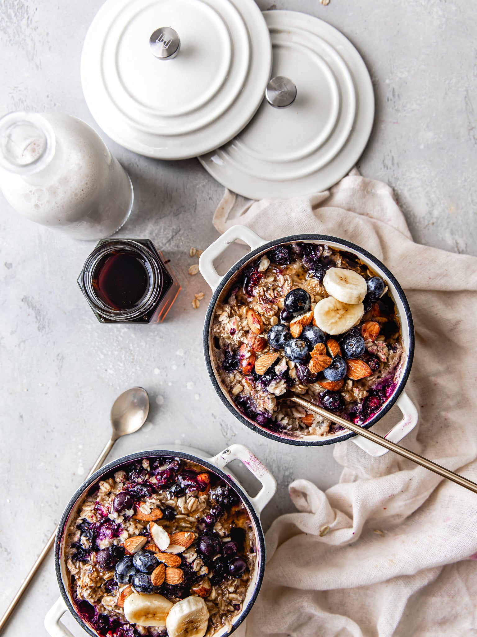 vegan baked blueberry oatmeal made with elmhurst unsweetened almond milk