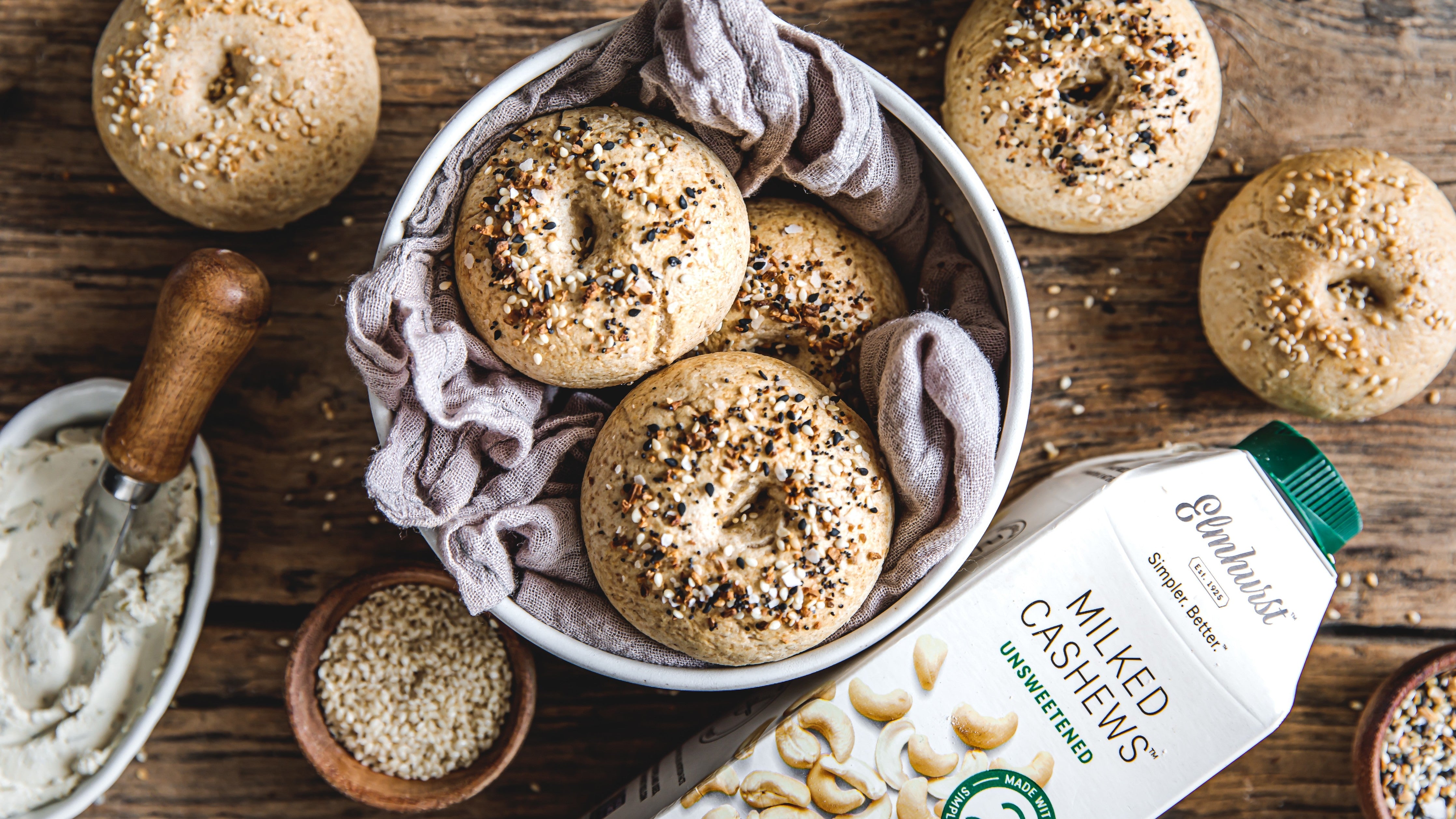 vegan and gluten-free everything bagels made with Elmhurst Cashew Milk