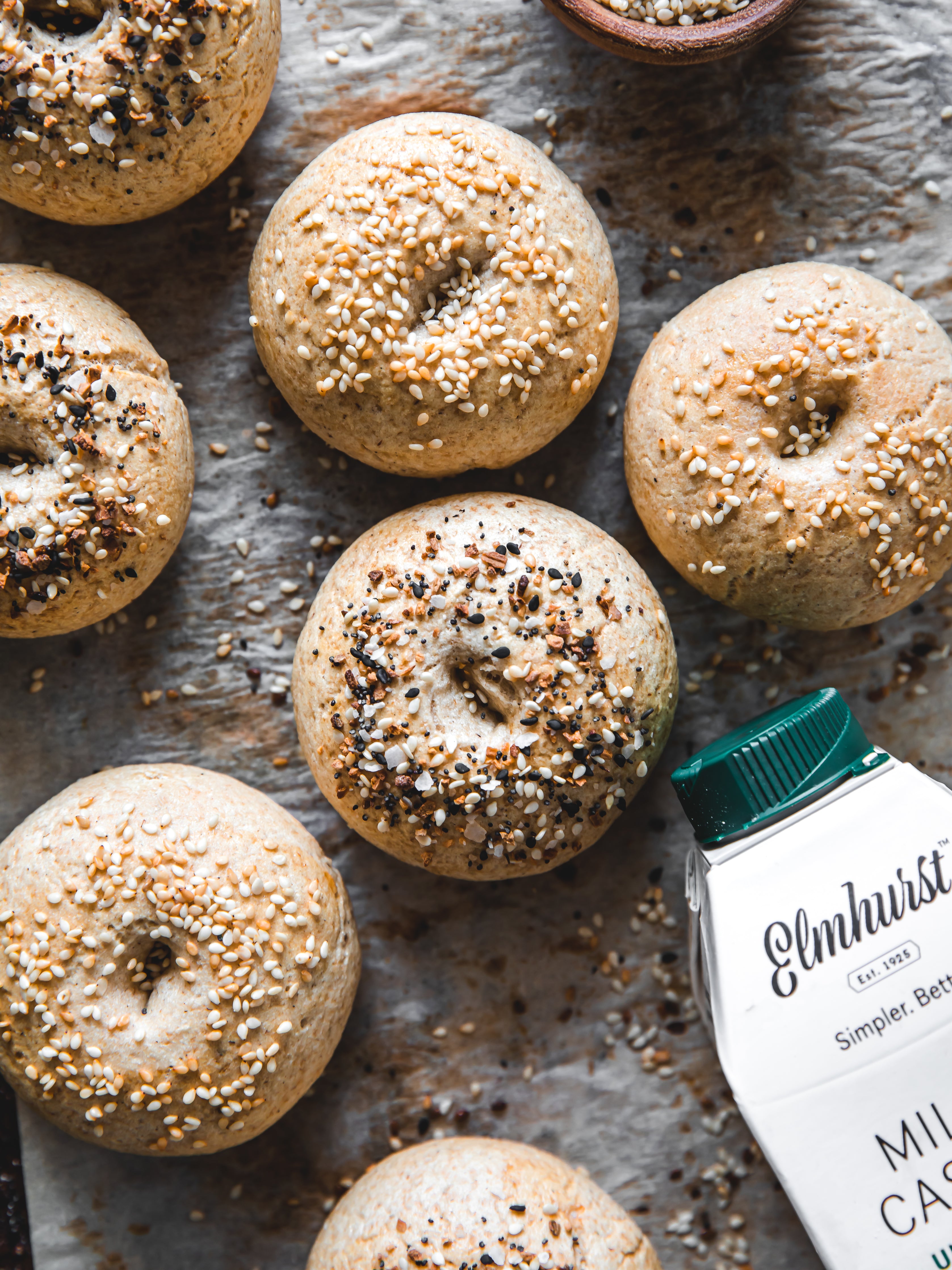 vegan and gluten-free everything bagels made with Elmhurst Cashew Milk