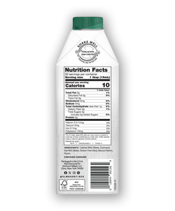 Nutrition facts label on the side of a bottle of Elmhurst Unsweetened Cashew Creamer