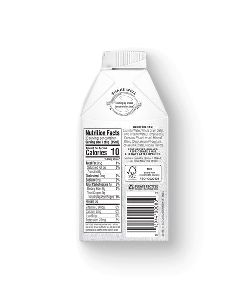 Nutrition Facts of Elmhurst's Original Unsweetened Oat Milk Creamer, 16oz