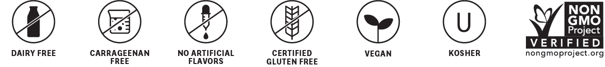 dairy free, carrageenan free, no artificial flavors, certified gluten free, vegan, kosher, NonGMO project verified nongmoproject.org